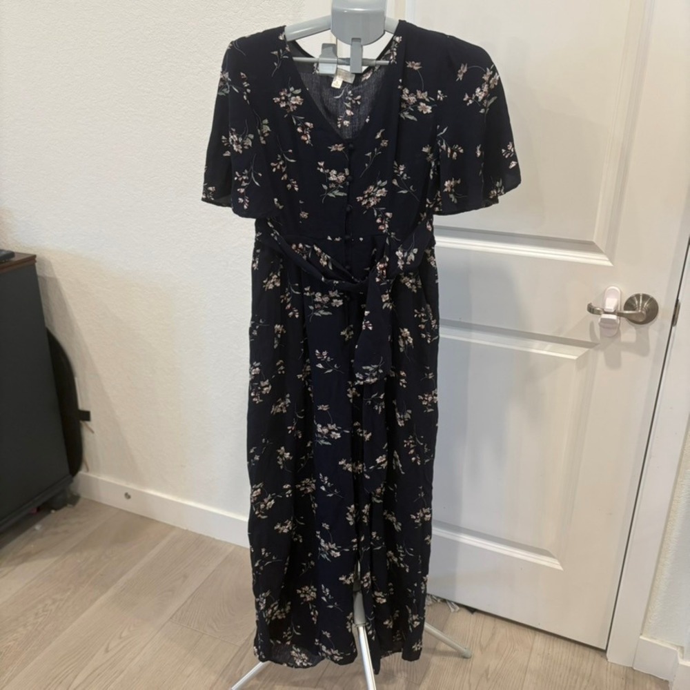 Chance Women Navy‎ Blue Floral Button Front Wide Leg Jumpsuit Size Small